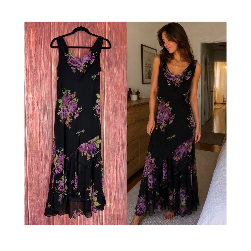 Connected Apparel Black Purple Floral Beaded Cowl Neck Maxi Dress Large L